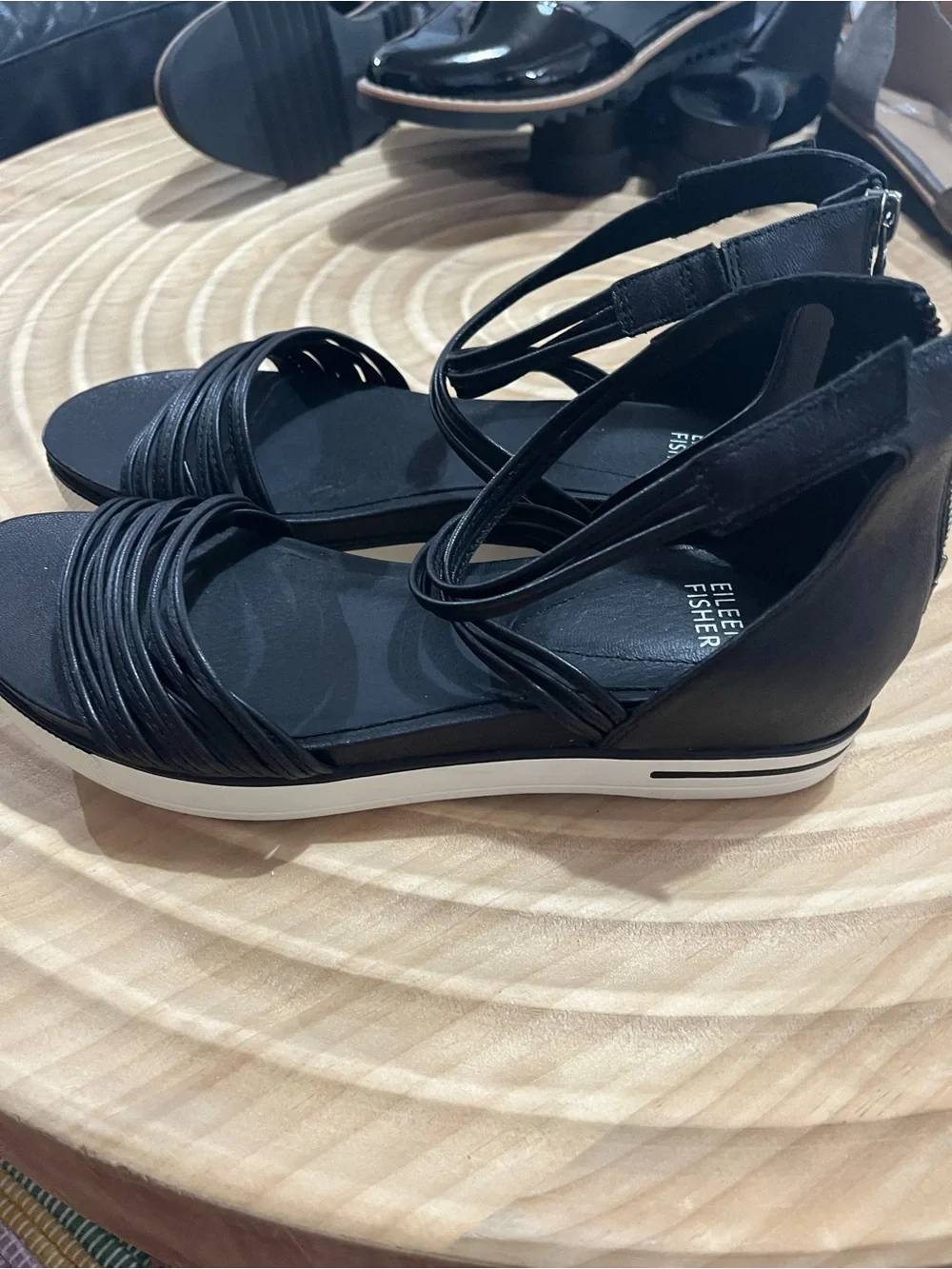 Eileen Fisher Black Multi-Strap Leather Ankle Sandals